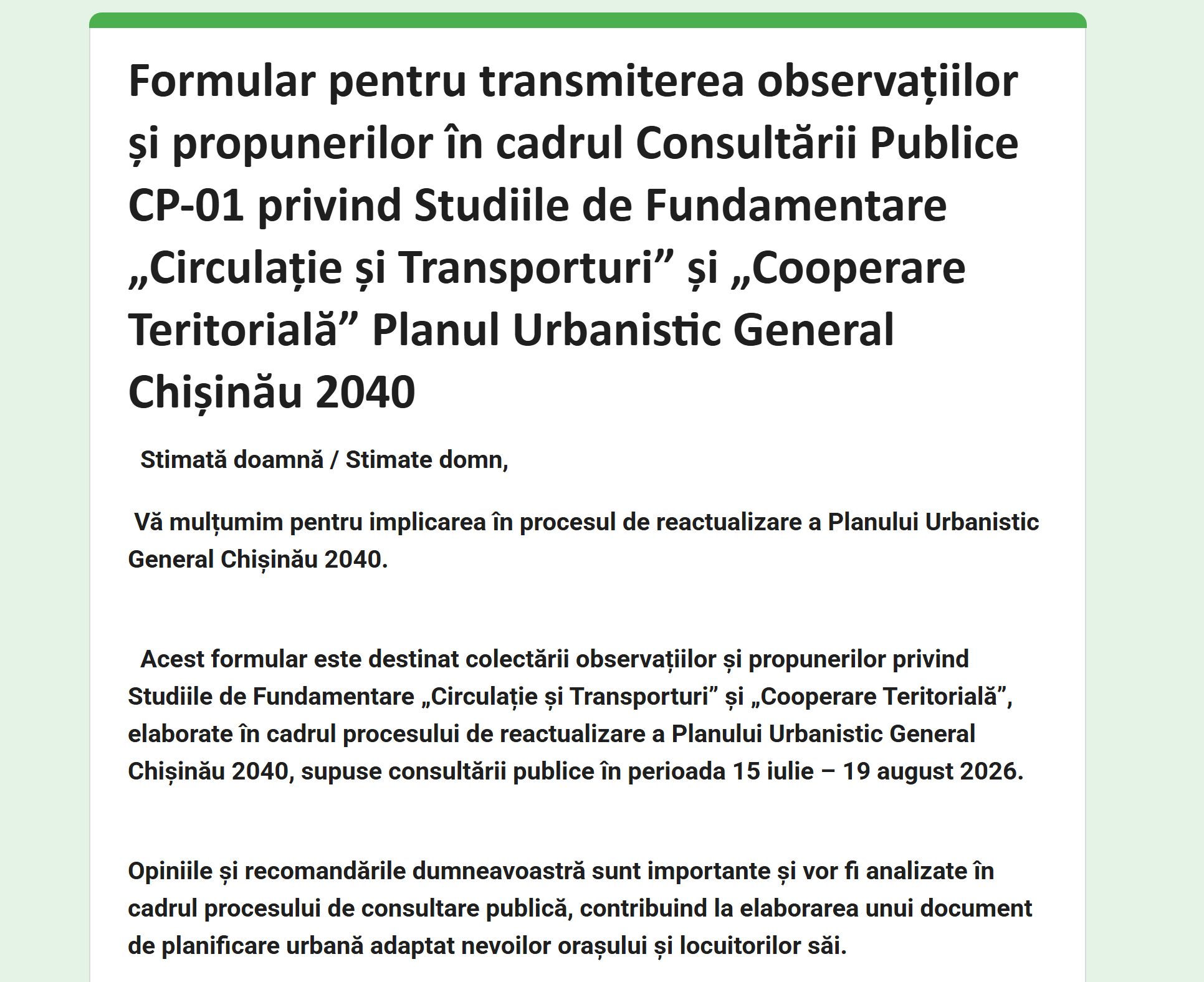 Transmite observațiile și propunerile tale pentru PUG Chișinău 2040