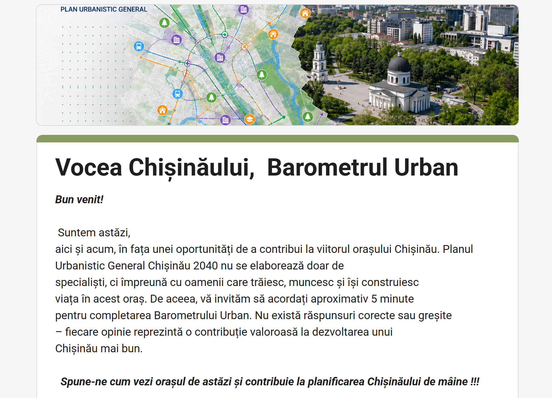 Vocea Chișinăului contează! Completează Barometrul Urban al PUG Chișinău 2040